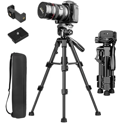 Mini Trepied Foto Telescopic, BYONDSELF®, 30-63cm, Rotatie 360°, 3 Reglaje in Inaltime, cu Placa de Eliberare Rapida, Geanta de Depozitare, Suport Telefon, pentru Camera Foto/Telefon, pentru Scenarii pe Birou/Auprafete Joase, Negru