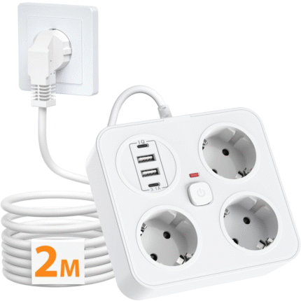Prelungitor, BYONDSELF®, 3250W, 3 Prize, 2 USB-A, 2 USB-C, 2M, cu Suport pentru Telefon, pentru Birou Acasa, Alb