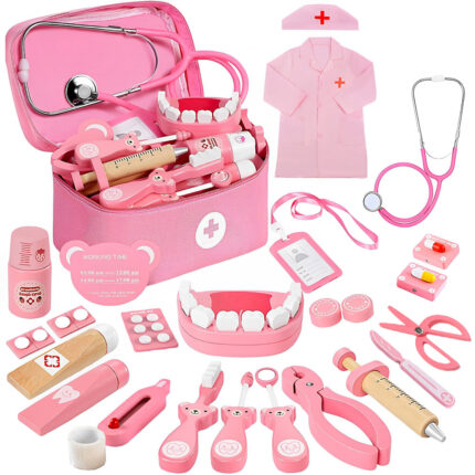 Set Joaca Doctor, BYONDSELF®, Lemn, Joc Creativ si Interactiv, 25 Pieces, cu Geanta de Depozitare, Halat, Stetoscop, Mulaj Dentar, 3 Ani+