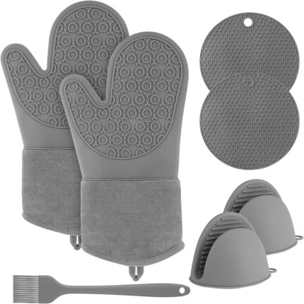 Set 7 Manusi de Cuptor, BYONDSELF®, cu 2 Mini Manusi, 2 Placemat, Anti-alunecare si Anti-oparire, Design cu Snur, Bumbac/Silicon, Gri